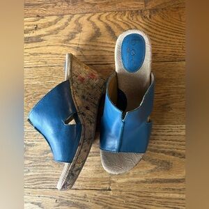Born Concept BOC Dianna Blue Leather & Floral Cork Wedge Sandals, Size 8M